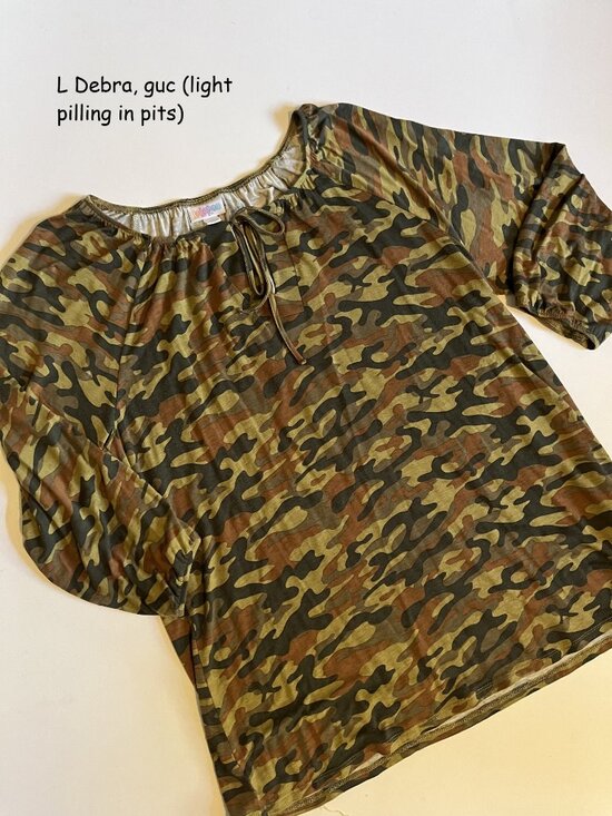 Large Lularoe Debra peasant top, green and brown camo - Picture 1 of 2